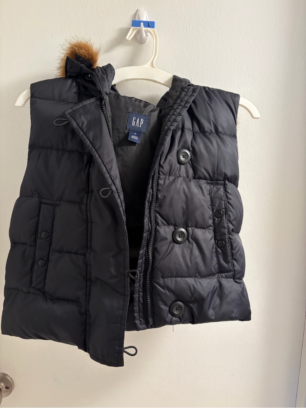 GAP Black Puffer Vest with Faux Fur Hood Trim